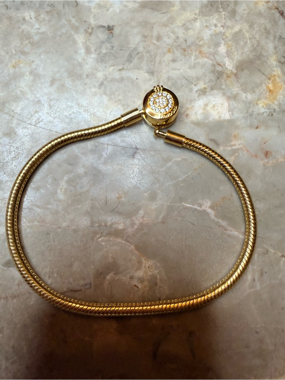 Pandora Gold Tone Snake Chain Bracelet with Pavé Crystal Clasp